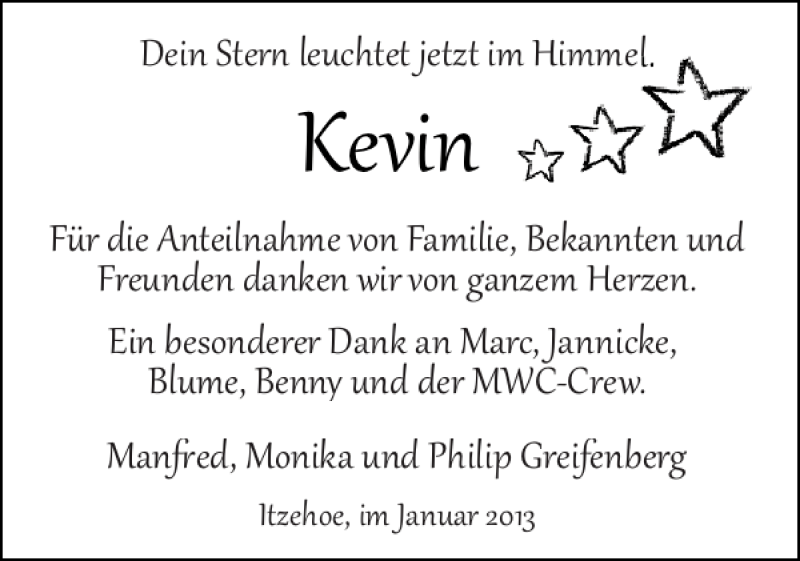  Traueranzeige für Kevin  vom 19.01.2013 aus Norddeutsche Rundschau