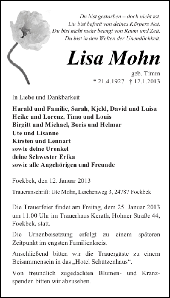  Traueranzeige für Lisa Mohn vom 17.01.2013 aus Landeszeitung
