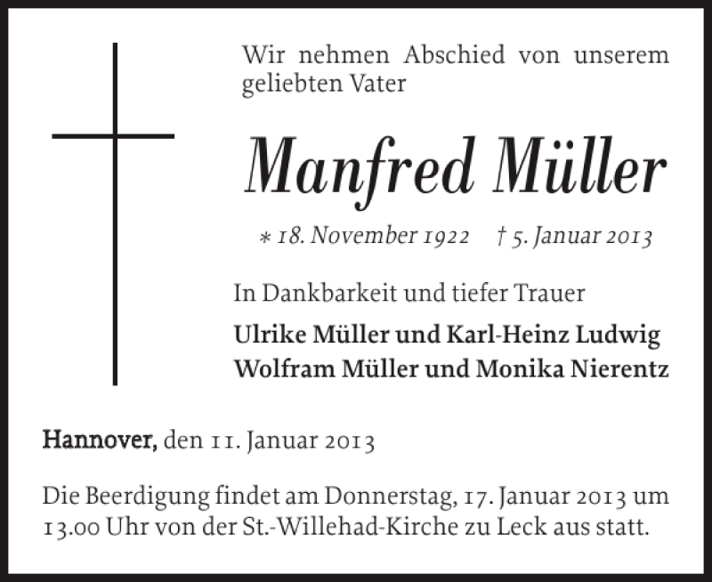  Traueranzeige für Manfred Müller vom 12.01.2013 aus Nordfriesland Tageblatt
