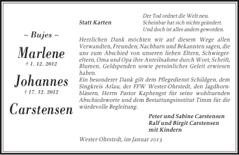 Traueranzeige von Marlene Johannes Carstensen von Husumer Nachrichten