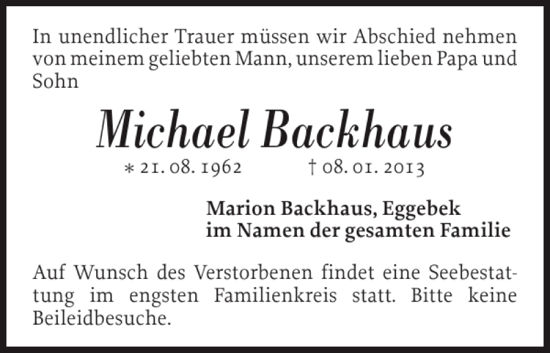  Traueranzeige für Michael Backhaus vom 16.01.2013 aus Flensburger Tageblatt