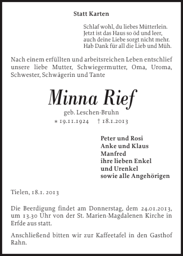  Traueranzeige für Minna Rief vom 21.01.2013 aus Landeszeitung