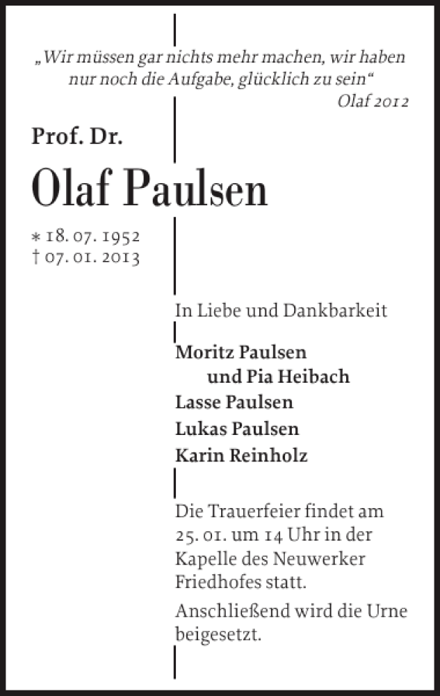  Traueranzeige für Olaf Paulsen vom 16.01.2013 aus Landeszeitung