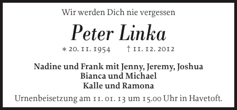  Traueranzeige für Peter Linka vom 09.01.2013 aus Flensburger Tageblatt