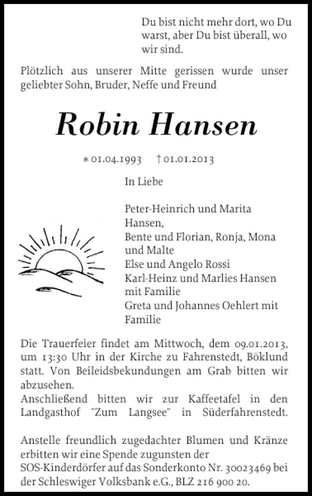  Traueranzeige für Robin Hansen vom 05.01.2013 aus Schleswiger Nachrichten