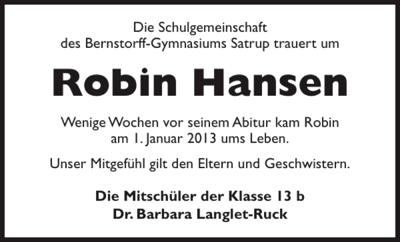  Traueranzeige für Robin Hansen vom 08.01.2013 aus Flensburger Tageblatt