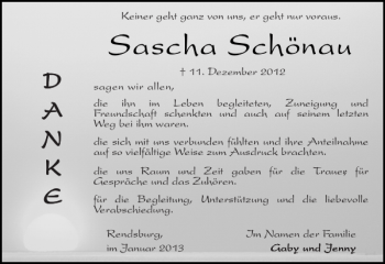Traueranzeige von Sascha Schönau von Landeszeitung