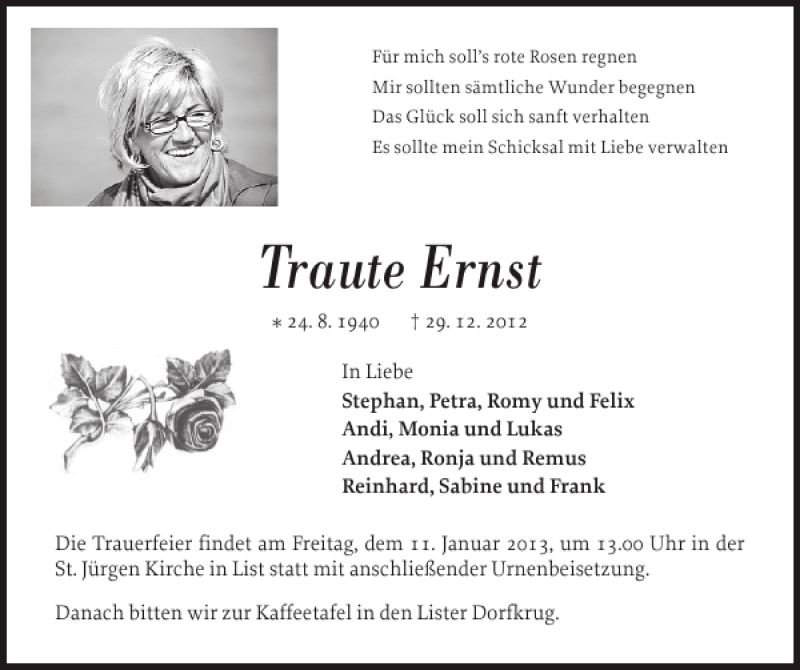  Traueranzeige für Traute Ernst vom 05.01.2013 aus Sylter Rundschau