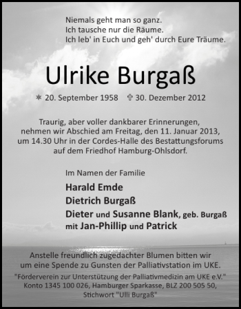Traueranzeige von Ulrike Burgaß von Flensburger Tageblatt