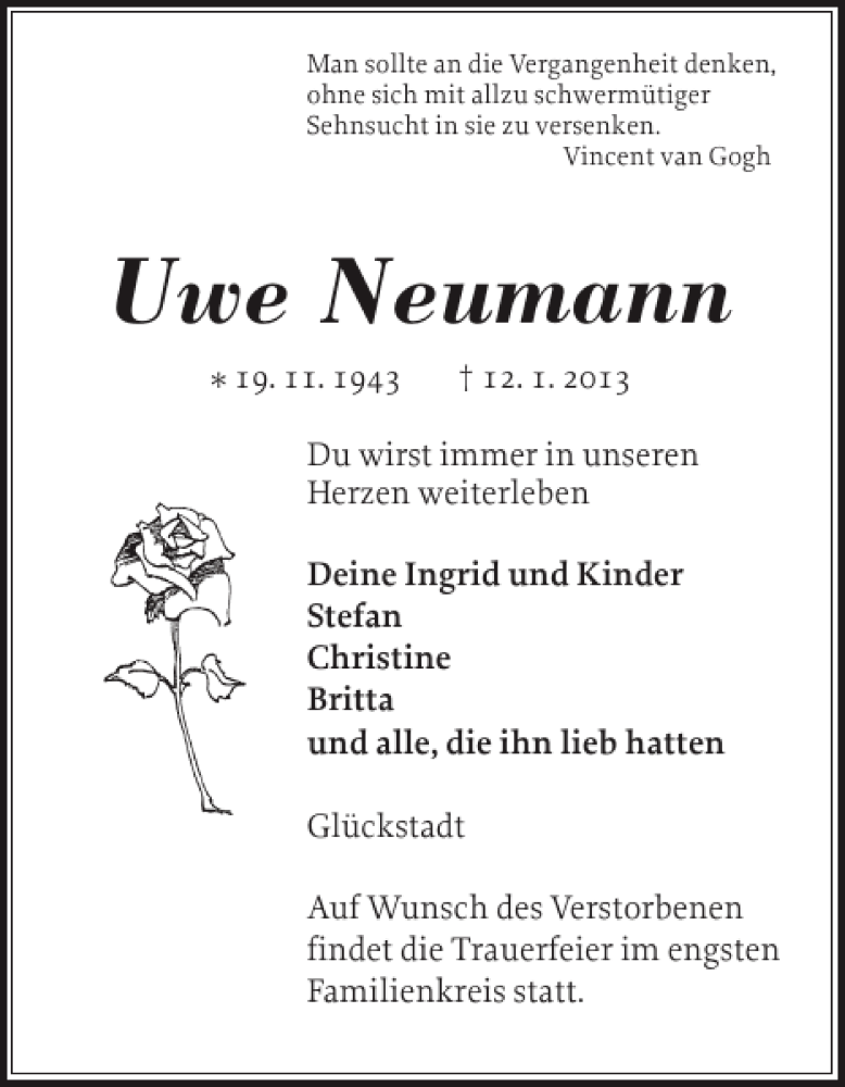  Traueranzeige für Uwe Neumann vom 15.01.2013 aus Norddeutsche Rundschau