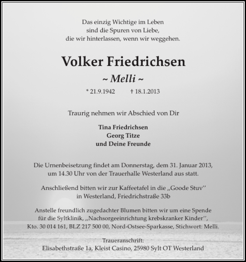  Traueranzeige für Volker Friedrichsen vom 28.01.2013 aus Sylter Rundschau