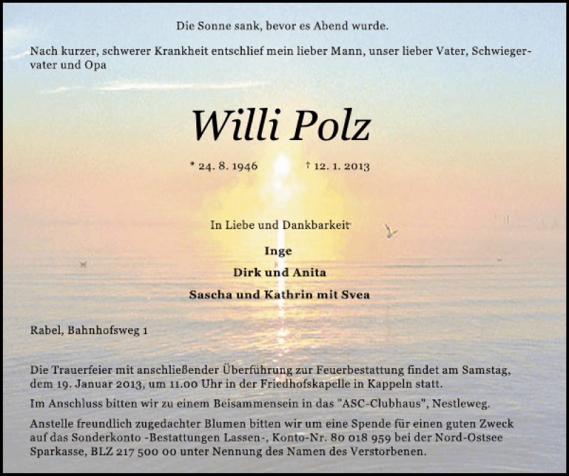  Traueranzeige für Willi Polz vom 16.01.2013 aus Schlei-Bote