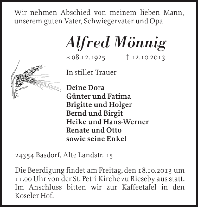  Traueranzeige für Alfred Mönnig vom 15.10.2013 aus Eckernförder Zeitung