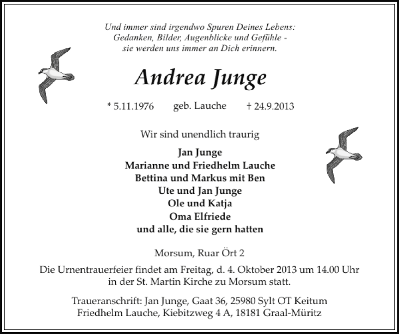  Traueranzeige für Andrea Junge vom 02.10.2013 aus Sylter Rundschau