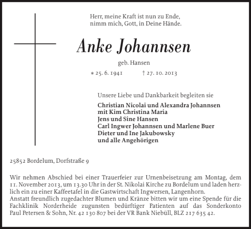  Traueranzeige für Anke Johannsen vom 30.10.2013 aus Husumer Nachrichten