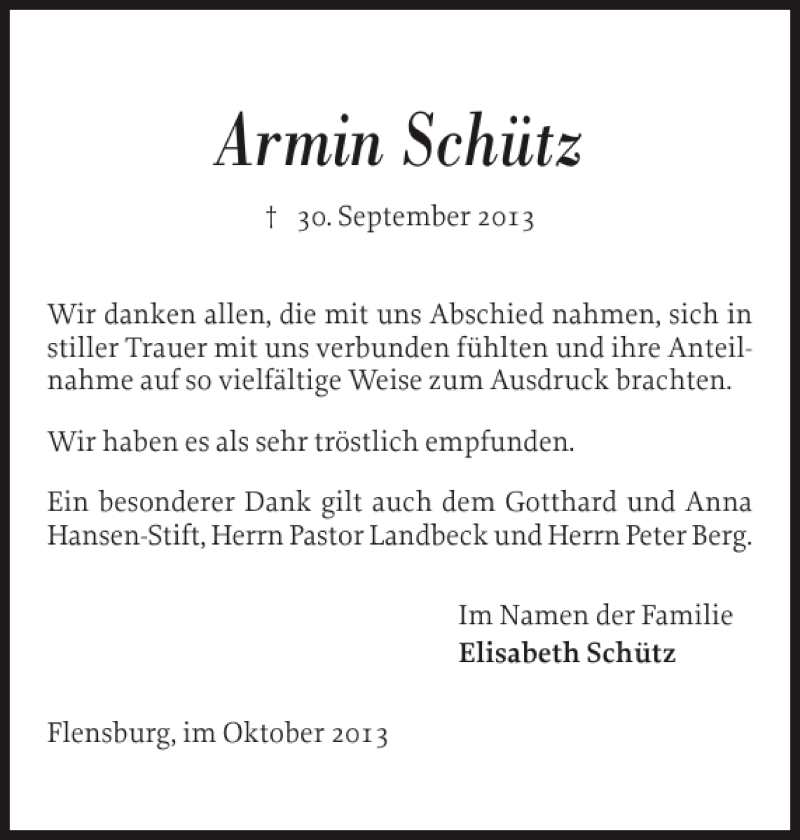  Traueranzeige für Armin Schütz vom 26.10.2013 aus Flensburger Tageblatt