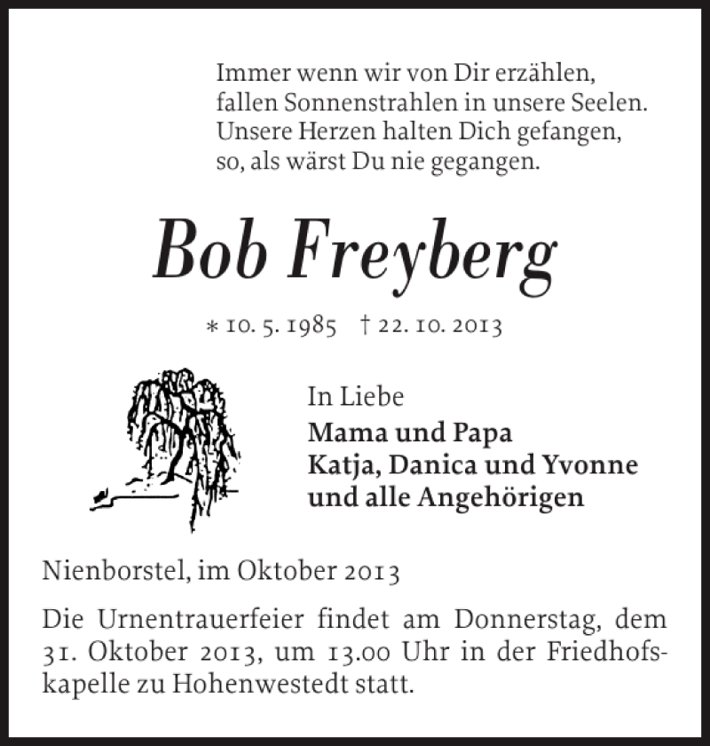  Traueranzeige für Bob Freyberg vom 28.10.2013 aus Landeszeitung