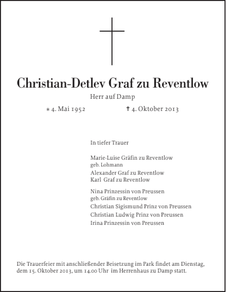  Traueranzeige für Christian-Detlev Graf zu Reventlow vom 09.10.2013 aus Schlei-Bote