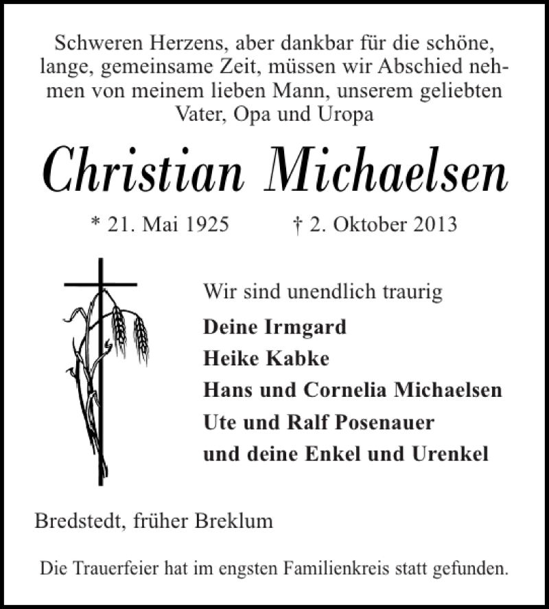 Traueranzeige für Christian Michaelsen vom 09.10.2013 aus Husumer Nachrichten