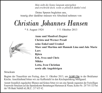 Traueranzeige von Christian Johannes Hansen von Husumer Nachrichten