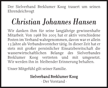 Traueranzeige von Christian Johannes Hansen von Husumer Nachrichten