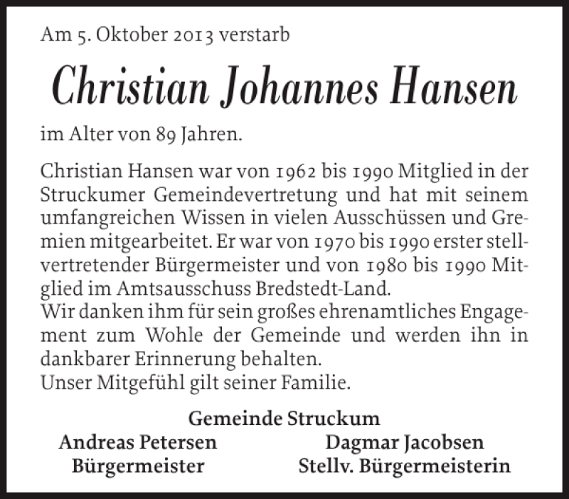  Traueranzeige für Christian Johannes Hansen vom 11.10.2013 aus Husumer Nachrichten