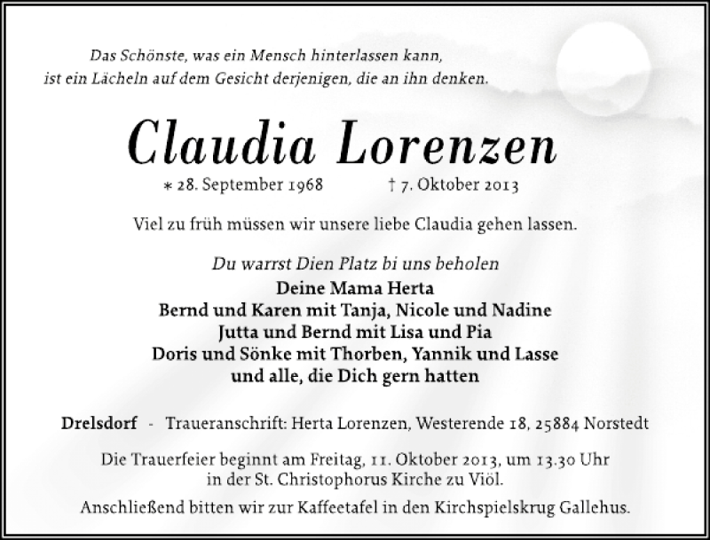  Traueranzeige für Claudia Lorenzen vom 10.10.2013 aus Flensburger Tageblatt