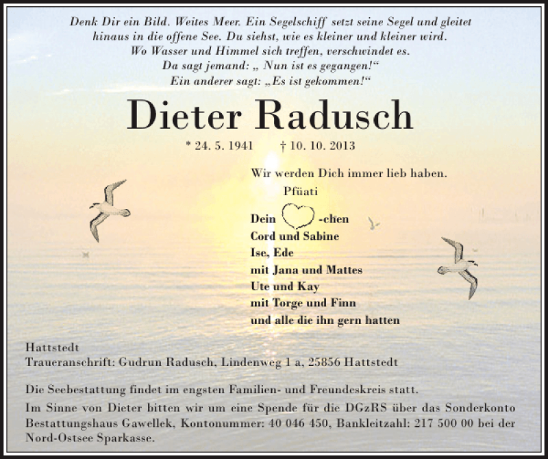  Traueranzeige für Dieter Radusch vom 16.10.2013 aus Husumer Nachrichten