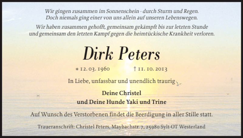  Traueranzeige für Dirk Peters vom 17.10.2013 aus Sylter Rundschau