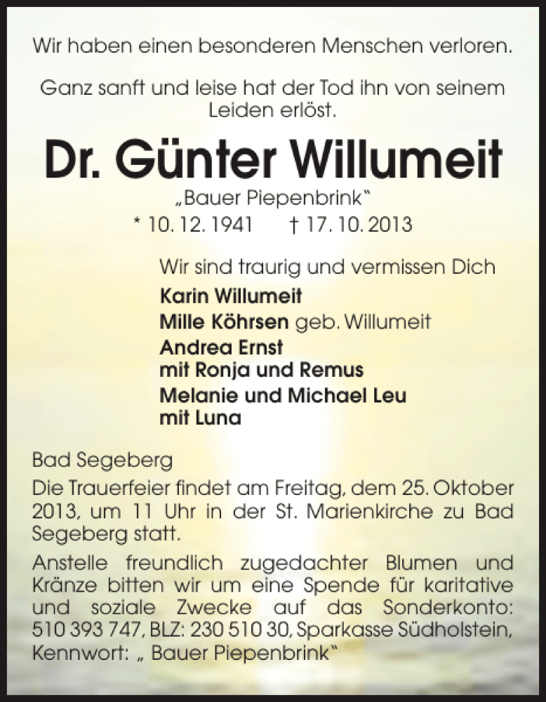  Traueranzeige für Dr. Günter Willumeit vom 23.10.2013 aus Sylter Rundschau