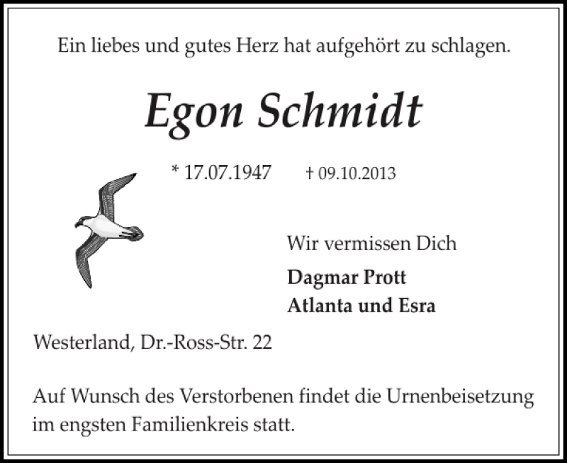  Traueranzeige für Egon Schmidt vom 14.10.2013 aus Sylter Rundschau