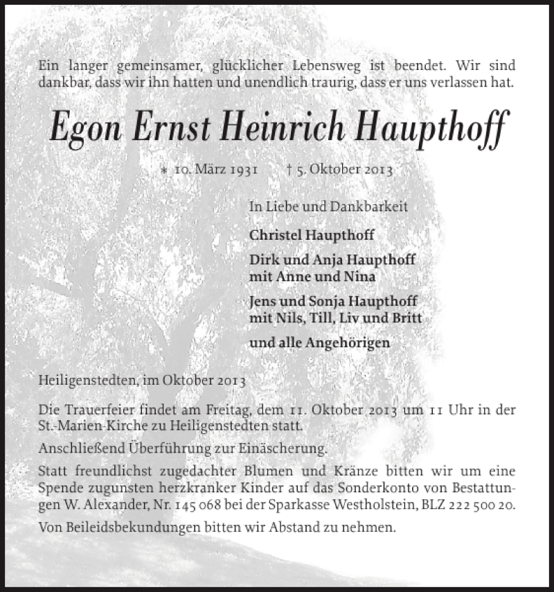  Traueranzeige für Egon Ernst Heinrich Haupthoff vom 08.10.2013 aus Norddeutsche Rundschau