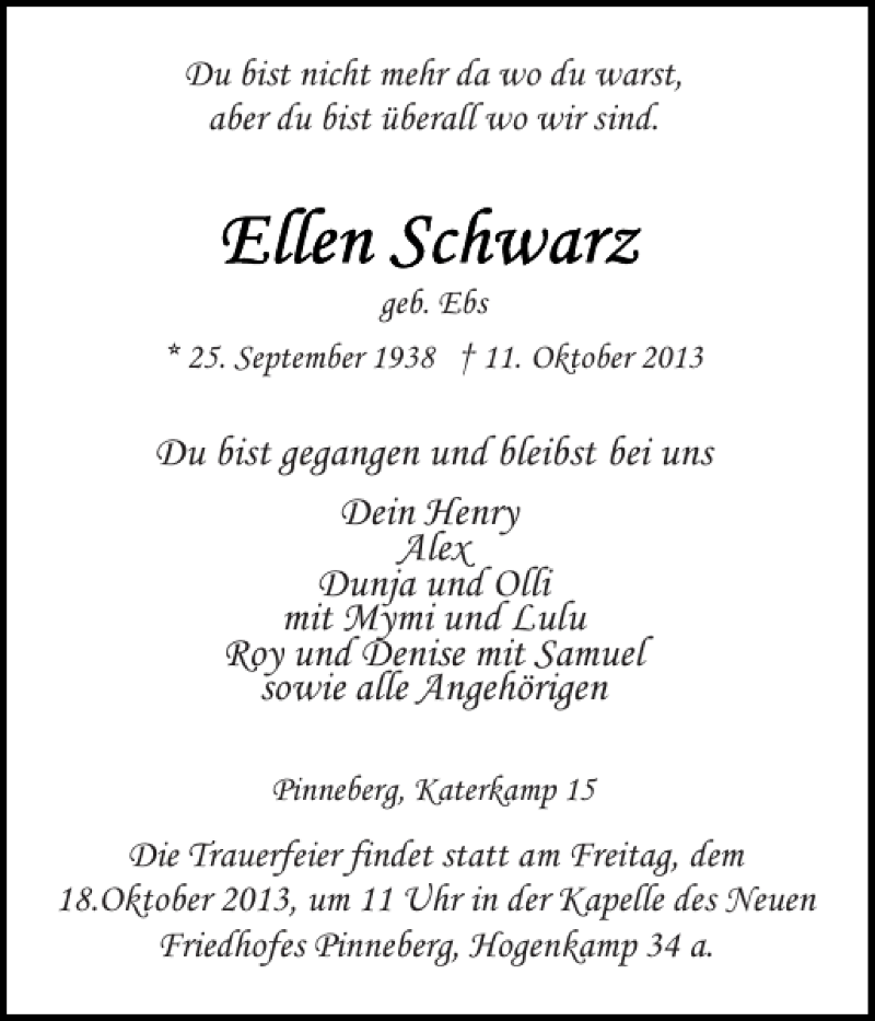  Traueranzeige für Ellen Schwarz vom 16.10.2013 aus Pinneberger Tageblatt