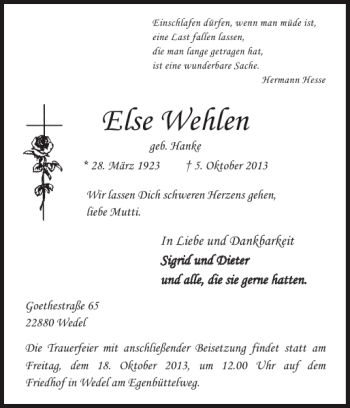 Traueranzeige von Else Wehlen von Pinneberger Tageblatt