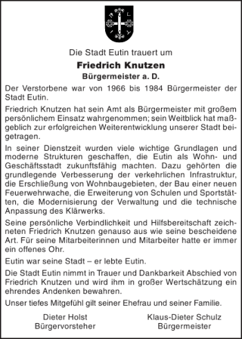 Traueranzeige von Eutin um Friedrich Knutzen von Ostholsteiner Anzeiger