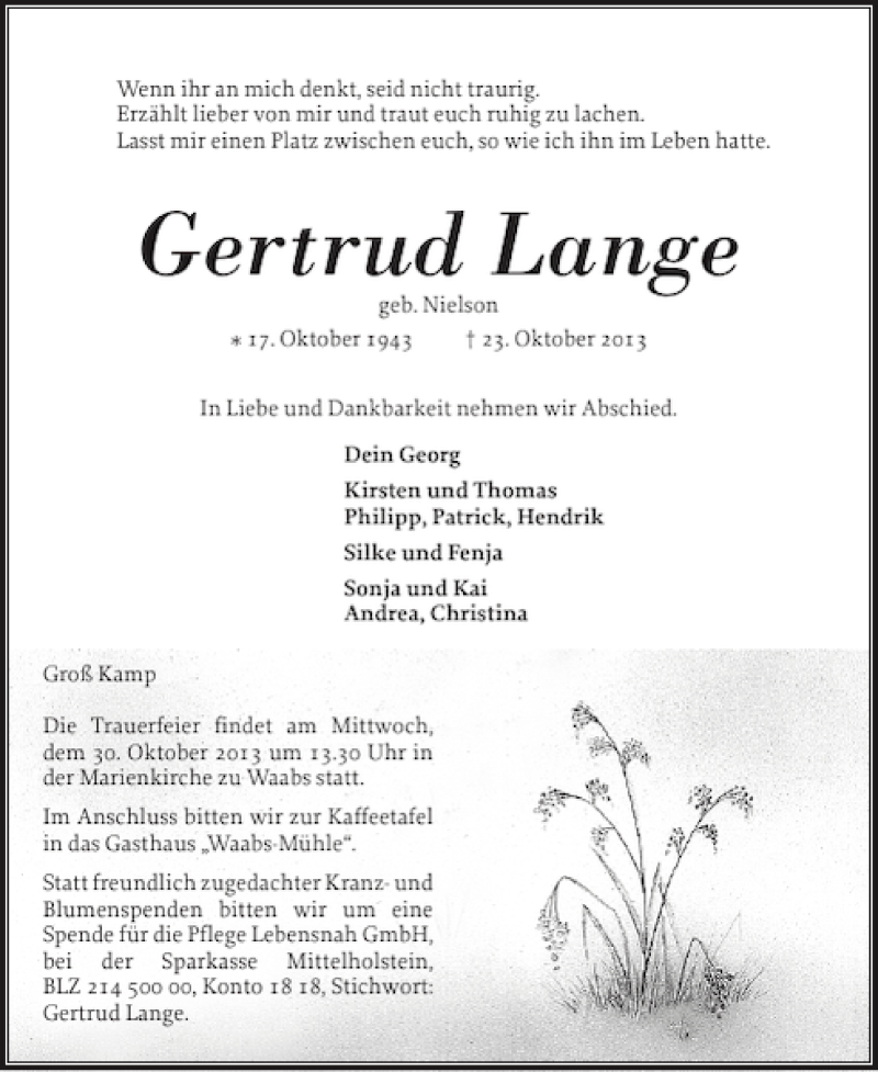  Traueranzeige für Gertrud Lange vom 26.10.2013 aus Eckernförder Zeitung