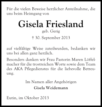Traueranzeige von Gisela Friesland von Ostholsteiner Anzeiger