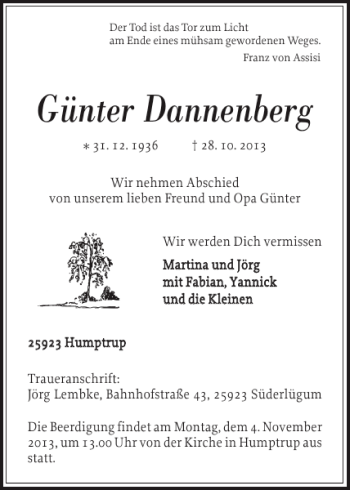 Traueranzeige von Günter Dannenberg von Nordfriesland Tageblatt