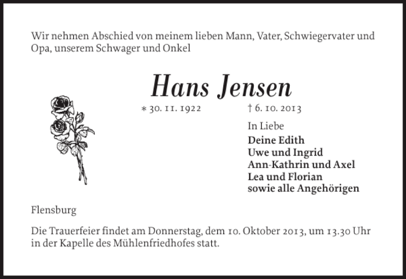  Traueranzeige für Hans Jensen vom 08.10.2013 aus Flensburger Tageblatt