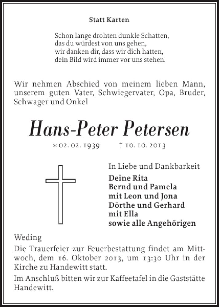  Traueranzeige für Hans-Peter Petersen vom 12.10.2013 aus Flensburger Tageblatt