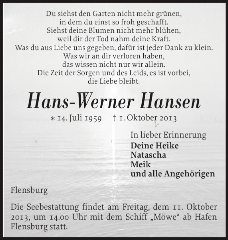  Traueranzeige für Hans-Werner Hansen vom 05.10.2013 aus Flensburger Tageblatt