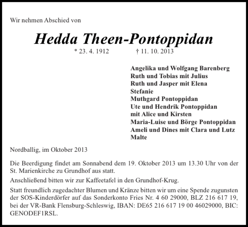  Traueranzeige für Hedda Theen-Pontoppidan vom 14.10.2013 aus Flensburger Tageblatt