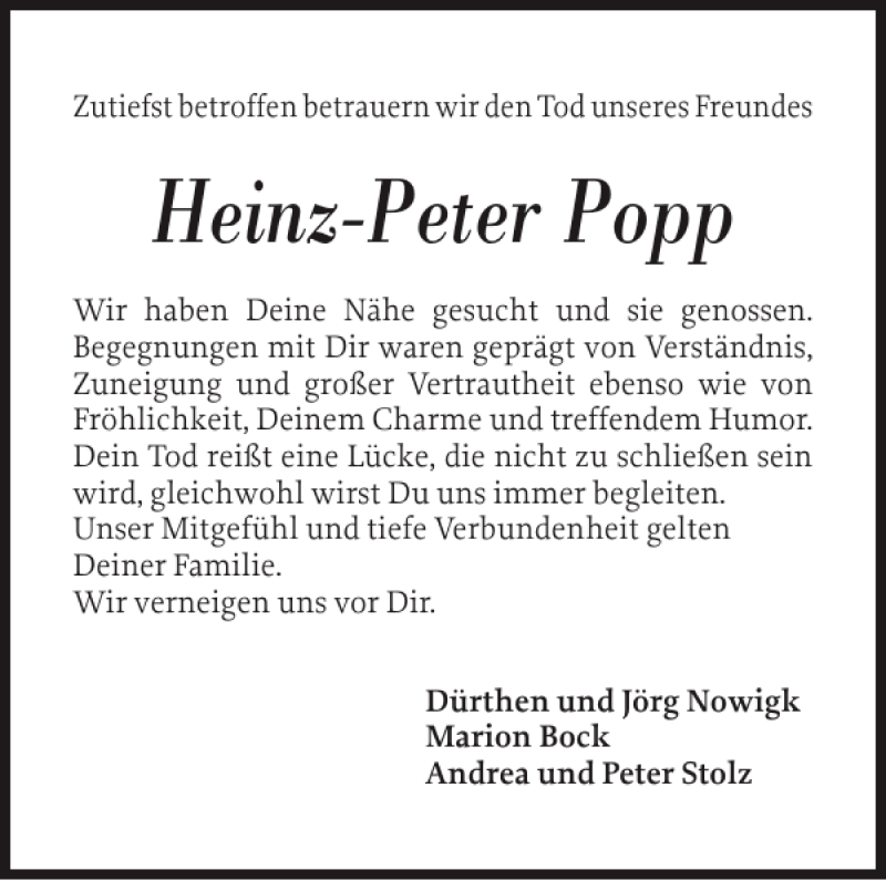  Traueranzeige für Heinz-Peter Popp vom 01.10.2013 aus Landeszeitung