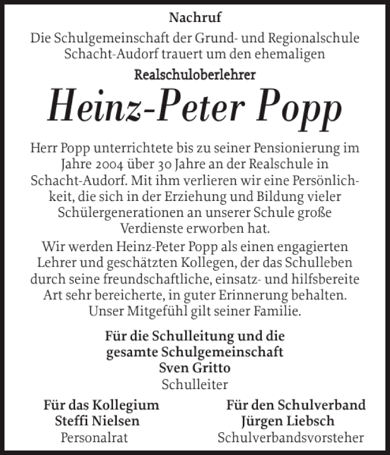  Traueranzeige für Heinz-Peter Popp vom 01.10.2013 aus Landeszeitung
