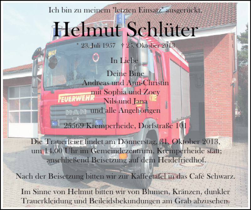 Traueranzeige für Helmut Schlüter vom 29.10.2013 aus Norddeutsche Rundschau