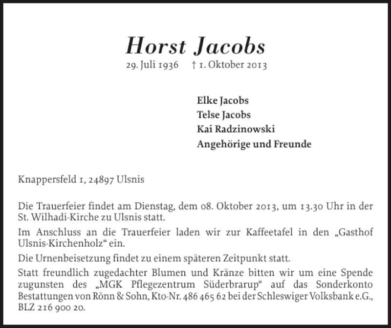  Traueranzeige für Horst Jacobs vom 05.10.2013 aus Schleswiger Nachrichten