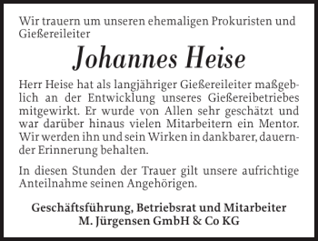Traueranzeige von Johannes Heise von Flensburger Tageblatt
