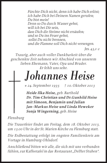 Traueranzeige von Johannes Heise von Flensburger Tageblatt