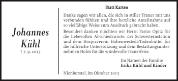 Traueranzeige von Johannes Kühl von Landeszeitung