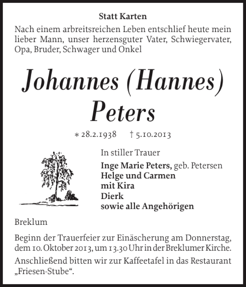  Traueranzeige für Johannes Hannes Peters vom 07.10.2013 aus Husumer Nachrichten